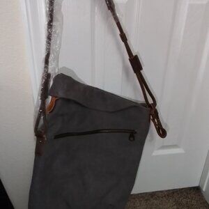 Tom Clovers Messenger CrossBody Canvas Bag Grayish Brown Leather Straps